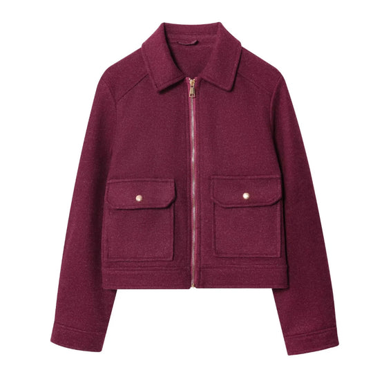 Damen 40+ kurze Woll‑Blousonjacke mit goldfarbenem Reißverschluss und aufgesetzten Pattentaschen Nord Taschen