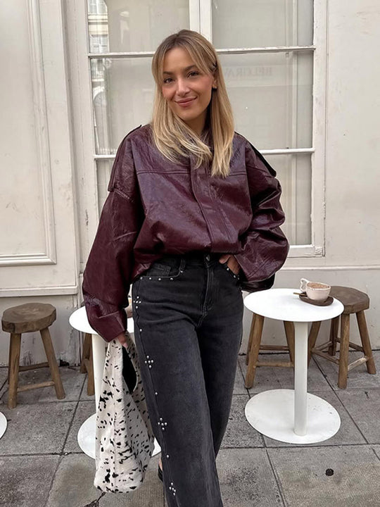 Damen Kurzblouson in glänzender Lackoptik mit Boxy‑Silhouette und überschnittenen Schultern Nord Taschen