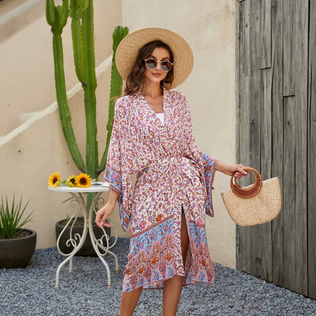 Damen Kurzer Boho-Kimono-Morgenmantel mit Bindegürtel und breiten Kimonoärmeln Nord Taschen