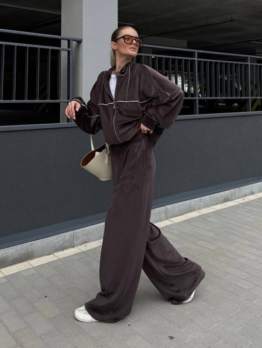 Damen moderne Velours-Zweiteiler mit kurzem Stehkragen-Zip und fließender hochgeschnittener Palazzohose Nord Taschen