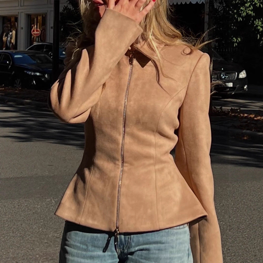 Damen Taillierte Velourslederoptik-Jacke mit Zweiwege-Reißverschluss Nord Taschen