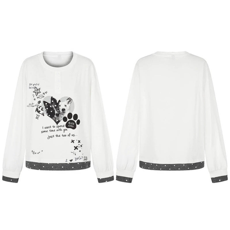 Damen Loungewear-Longsleeve mit Hündchen-Print, Henley-Knopfleiste und gepunktetem Saum Nord Taschen