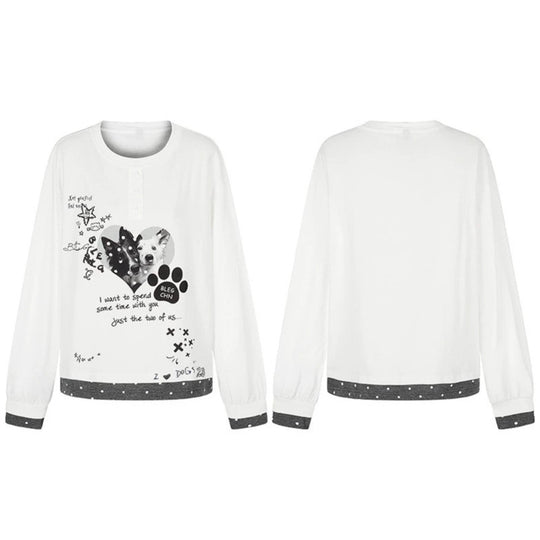 Damen Loungewear-Longsleeve mit Hündchen-Print, Henley-Knopfleiste und gepunktetem Saum Nord Taschen