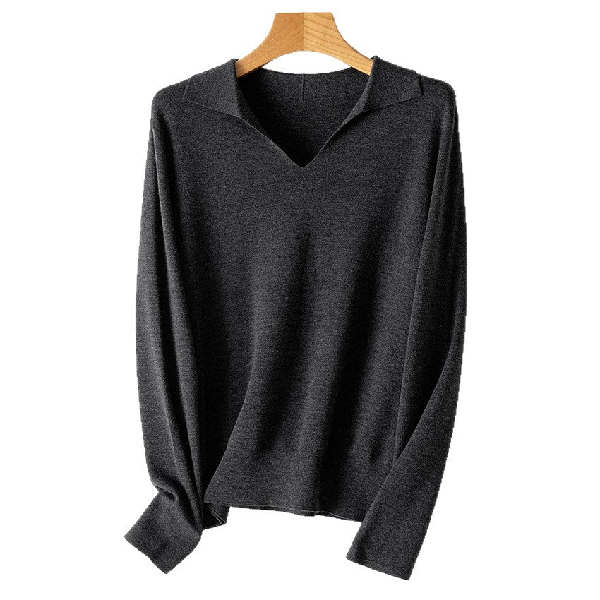 Damen feiner leichter V-Ausschnitt-Pullover mit offenem Hemdkragen und legerer Silhouette Nord Taschen