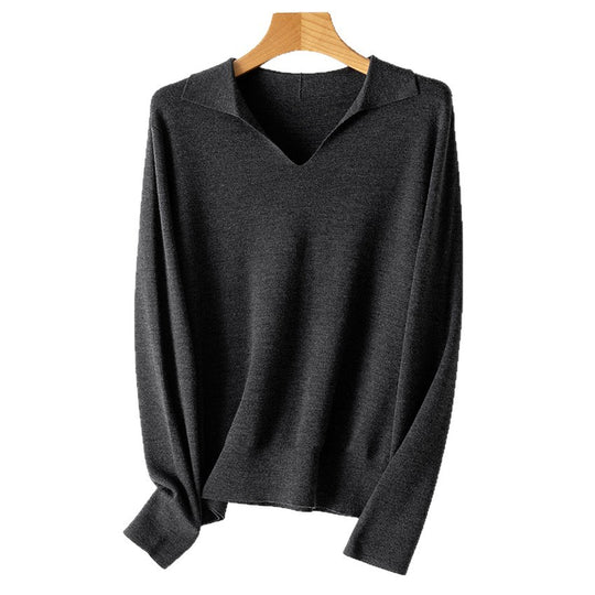 Damen feiner leichter V-Ausschnitt-Pullover mit offenem Hemdkragen und legerer Silhouette Nord Taschen