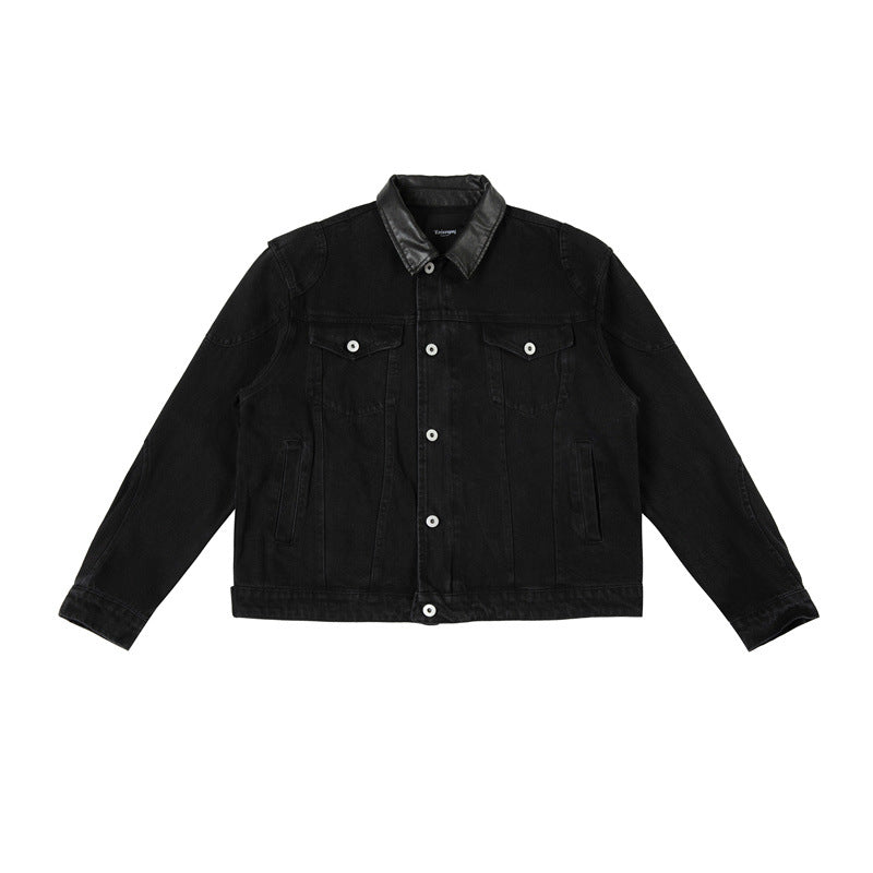 Herren Boxy-Jeansjacke mit Lederimitatkragen und sichtbaren Metallknöpfen Nord Taschen