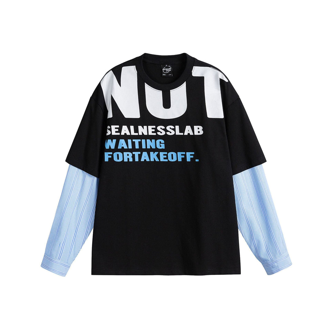 Damen Lagenlook T-Shirt mit eingearbeiteten Hemdärmeln und oversized Print Nord Taschen