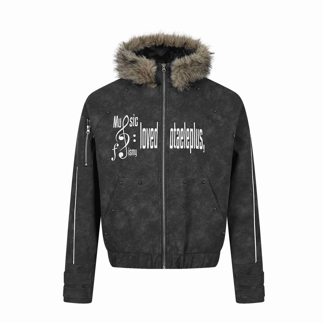 Herren Kurz geschnittener Suede‑Look Bomber mit Kapuze, Kunstfellbesatz und Statement‑Print Nord Taschen