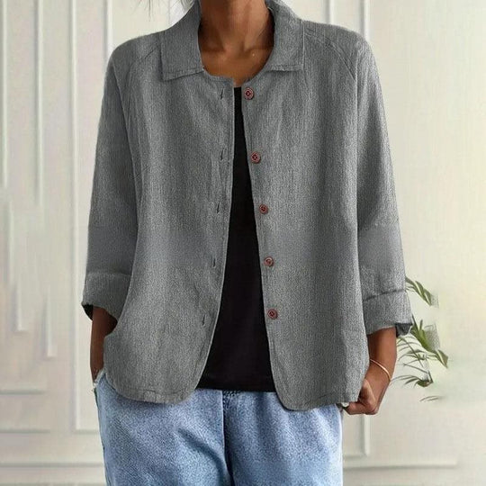 Damen Oversized Leinen-Hemdjacke mit Hemdkragen, 3/4-Ärmeln und durchgehender Knopfleiste Nord Taschen