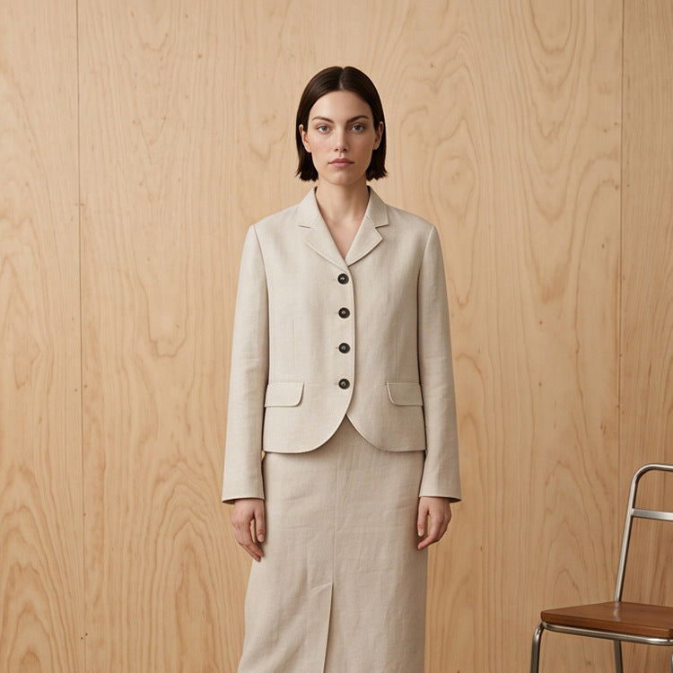 Damen Taillierter Leinenblazer mit Schößchen, Pattentaschen und durchgehender Knopfleiste Nord Taschen
