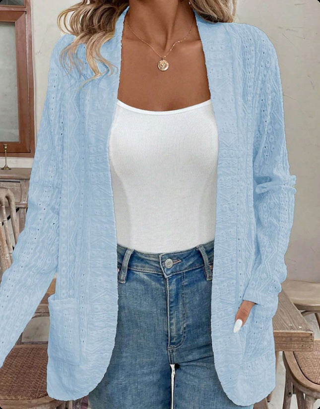 Damen Offener Strukturierter Strickcardigan mit Eingrifftaschen Nord Taschen