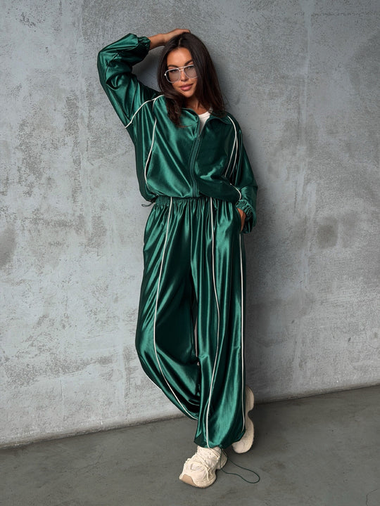 Damen Satin-Trainingsanzug mit Reißverschlussjacke und weiter Gummibund-Hose Nord Taschen