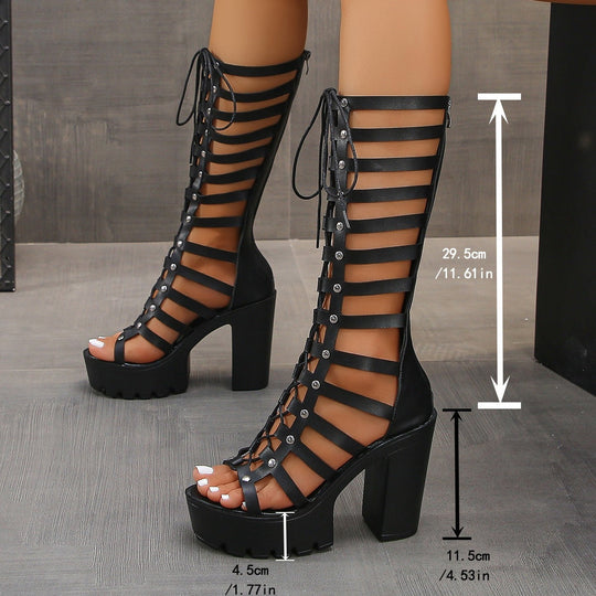Damen High-Heel Overkneestiefel mit verstellbaren Riemen