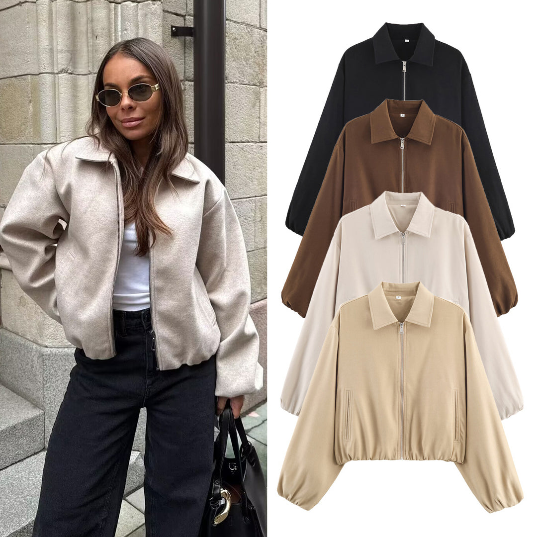 Damen Kurzjacke im Harrington‑Stil mit Polka‑Dot‑Muster, Ballonärmeln und elastischem Saum Nord Taschen