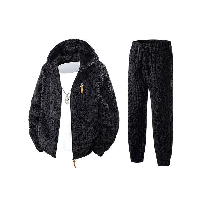 Herren Kuscheliges Sherpa-Fleece Set mit Kapuzenjacke und Strick‑Optik Jogginghose Nord Taschen