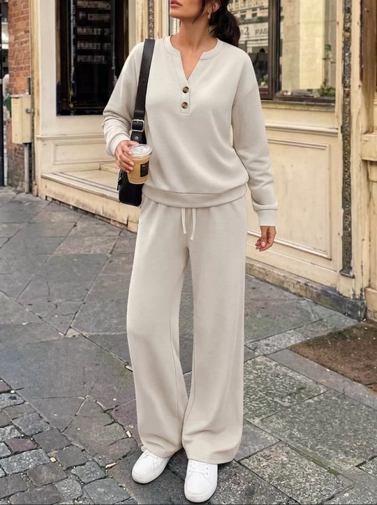 Damen Lounge-Set mit Henley-Kragen und palazzoweiter Jogginghose Nord Taschen