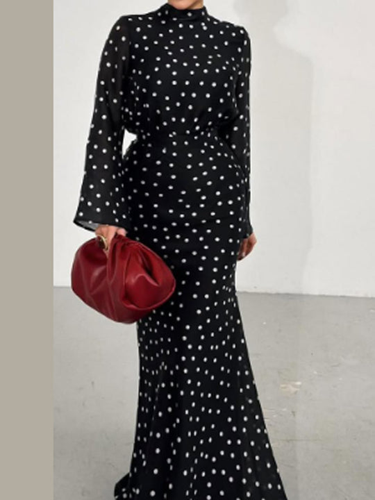 Damen Maxikleid mit taillenbetonter Meerjungfrauen-Silhouette und Tupfenprint Nord Taschen