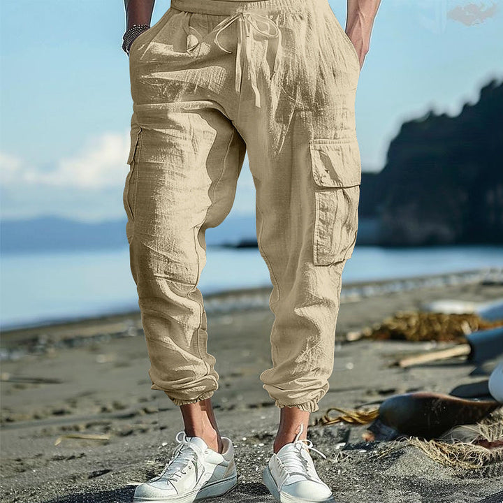 Herren nan lässige Leinen-Cargo-Jogger mit Kordelbund, großen Klapptaschen und elastischem Knöchelabschluss