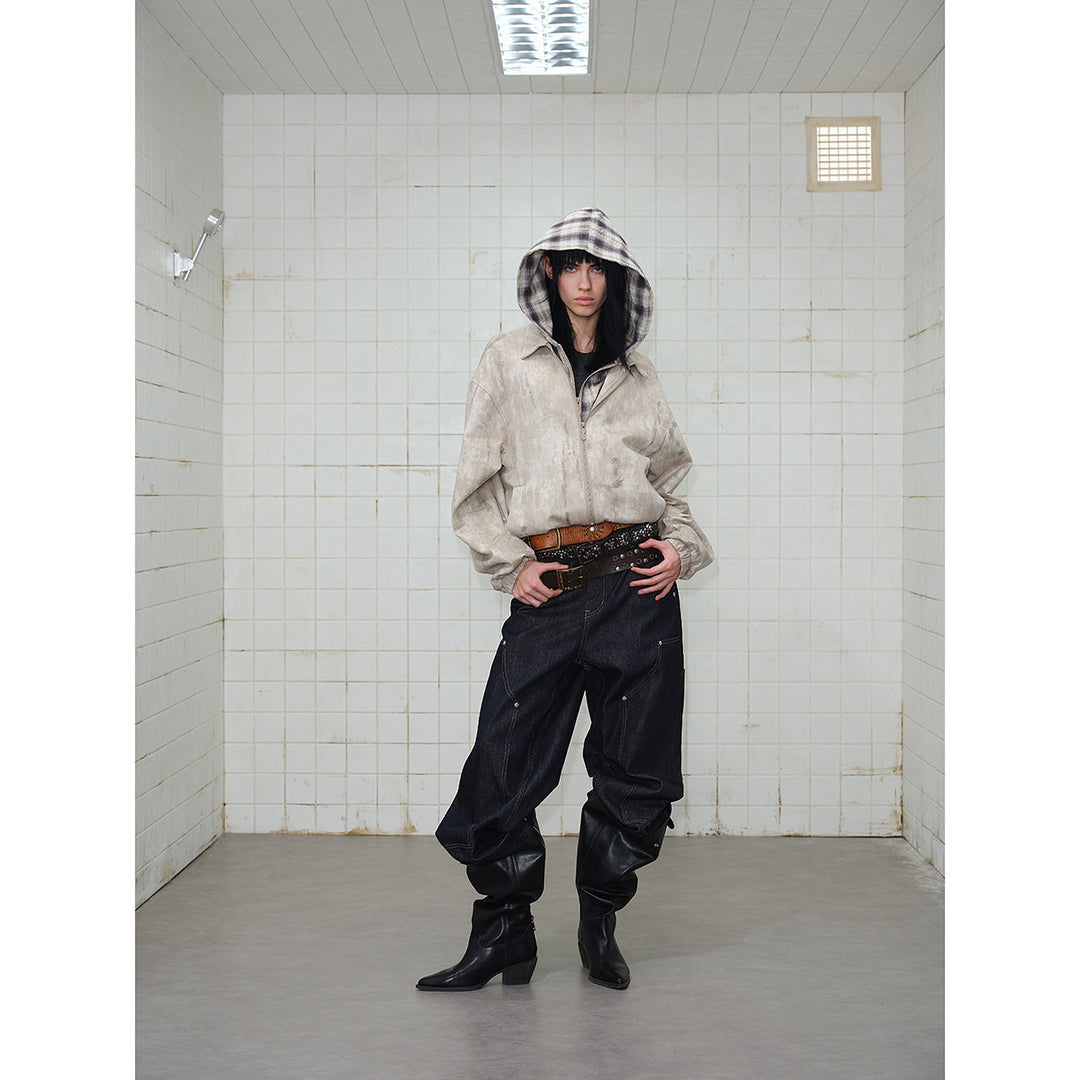 Unisex Kurz geschnittene Boxy‑Jacke aus Wildlederoptik mit kariert gefütterter Kapuze Nord Taschen