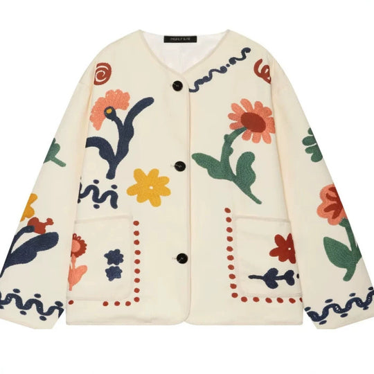 Damen Boxy Cardiganjacke mit floralen Applikationen und aufgesetzten Taschen Nord Taschen