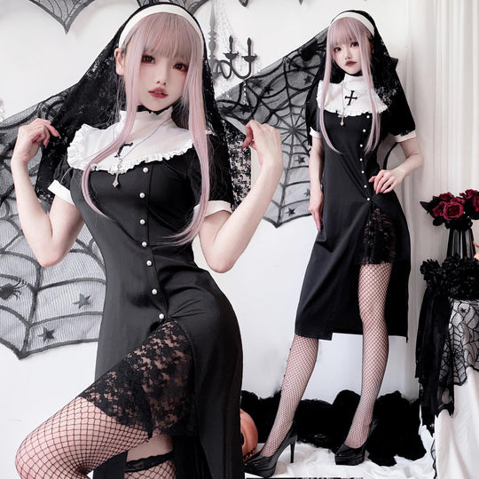 Damen Gothic Nonnenkostüm mit transparenten Spitzenärmeln und Kreuzdetails Nord Taschen