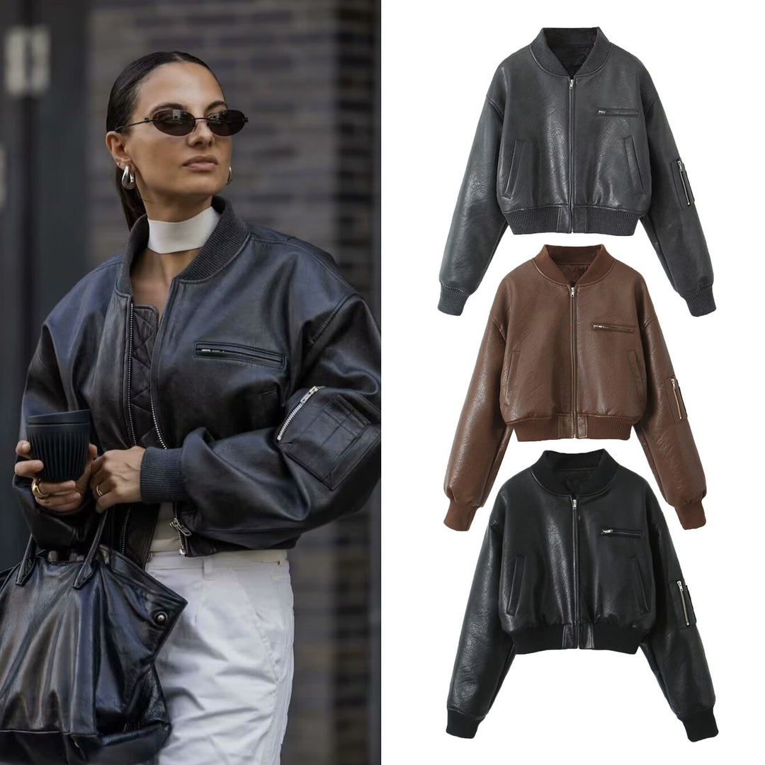 Damen Cropped-Bomberjacke in Vintage-Lederoptik mit Ärmeltasche und breitem Rippbündchen Nord Taschen