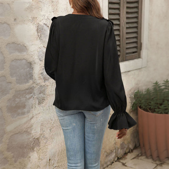 Damen feminine Rüschenbluse mit V-Ausschnitt Volantreihe und Glockenärmeln Nord Taschen