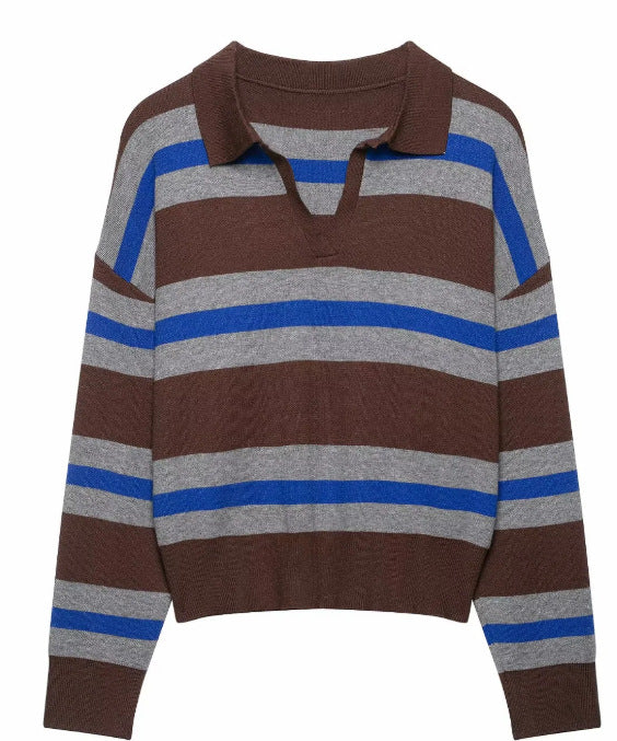 Damen Cropped Rugby-Strickpullover mit Kentkragen und V‑Ausschnitt Nord Taschen