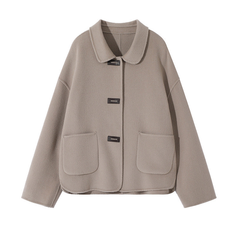 Damen Kurzmantel aus Wollmix mit Hemdkragen, kastiger Silhouette und Eingrifftaschen Nord Taschen