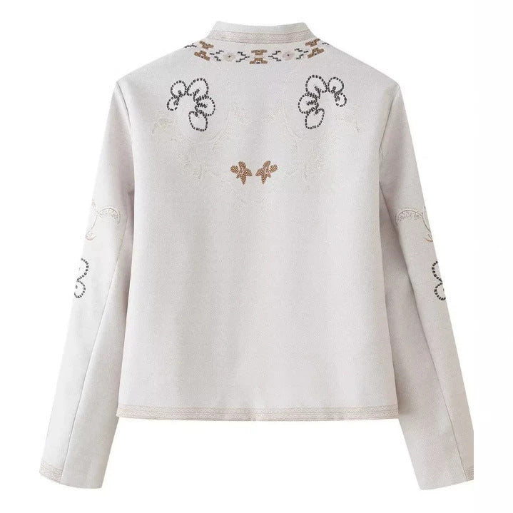 Damen Feine bestickte Kurzjacke mit Stehkragen und floraler Ornament‑Stickerei Nord Taschen