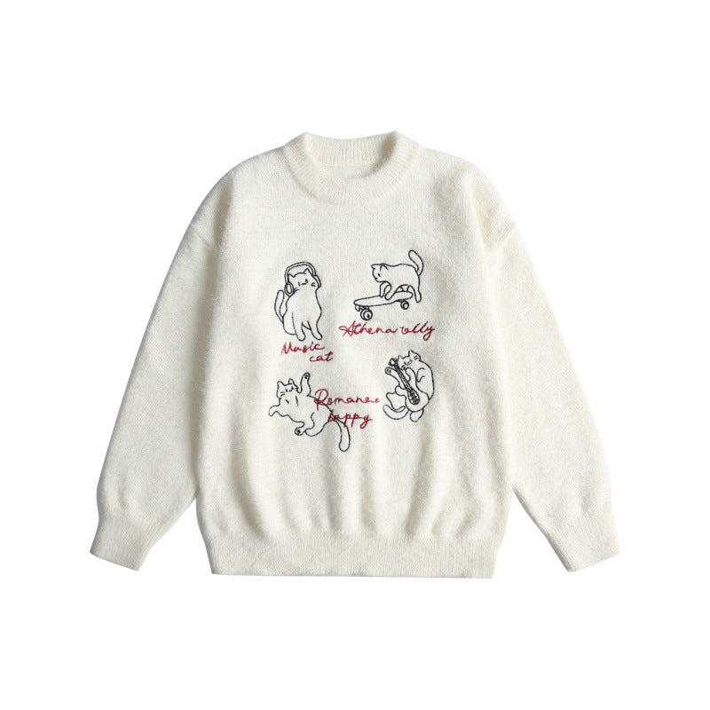 Damen Weicher Pullover mit verspielter Katzenstickerei und leichtem Stehkragen Nord Taschen