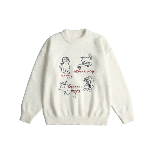 Damen Weicher Pullover mit verspielter Katzenstickerei und leichtem Stehkragen Nord Taschen
