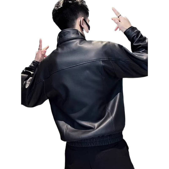Herren Biker-inspirierte Kunstleder-Bomberjacke mit Stehkragen und elastischem Saum Nord Taschen