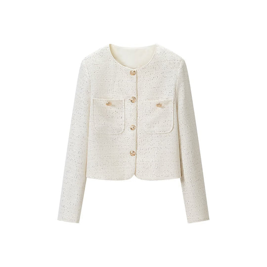 Damen Kurzgeschnittene Tweedjacke im Bouclé-Look mit Rundhalsausschnitt, Zierknöpfen und aufgesetzten Pattentaschen Nord Taschen