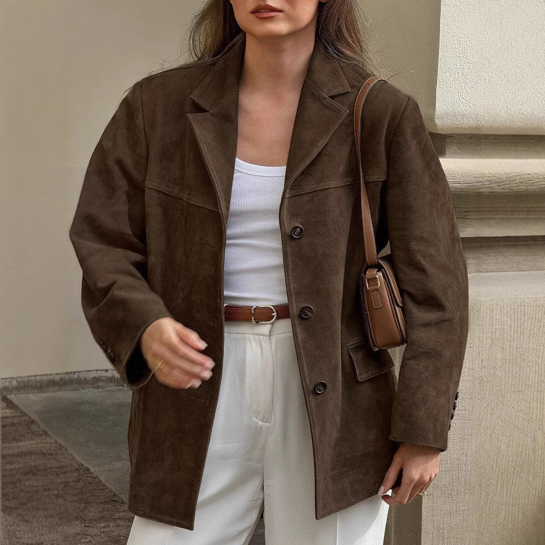Damen Oversized Veloursleder-Blazer mit Revers und Pattentaschen Nord Taschen