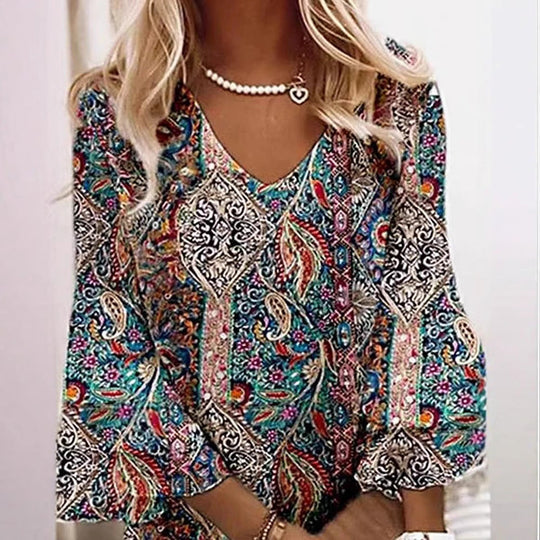 Damen nan Boho-Paisley-Tunikakleid mit V-Ausschnitt und dreiviertel Glockenärmeln