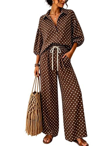 Damen Gepunktetes Zweiteiliges Lounge-Set mit Hemdblusen-Oberteil und Kordelzug-Weitbundhose Nord Taschen