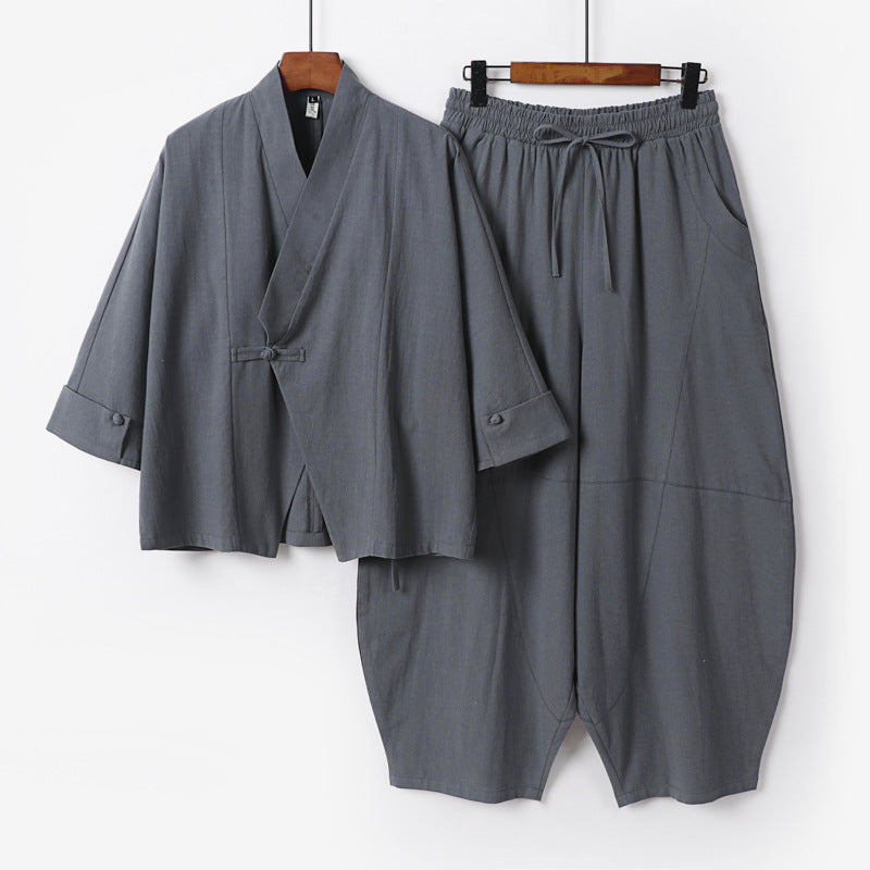 Herren Minimalistisches Kimono-Lounge-Set aus atmungsaktivem Baumwollmix mit ballonförmiger Bundhose Nord Taschen