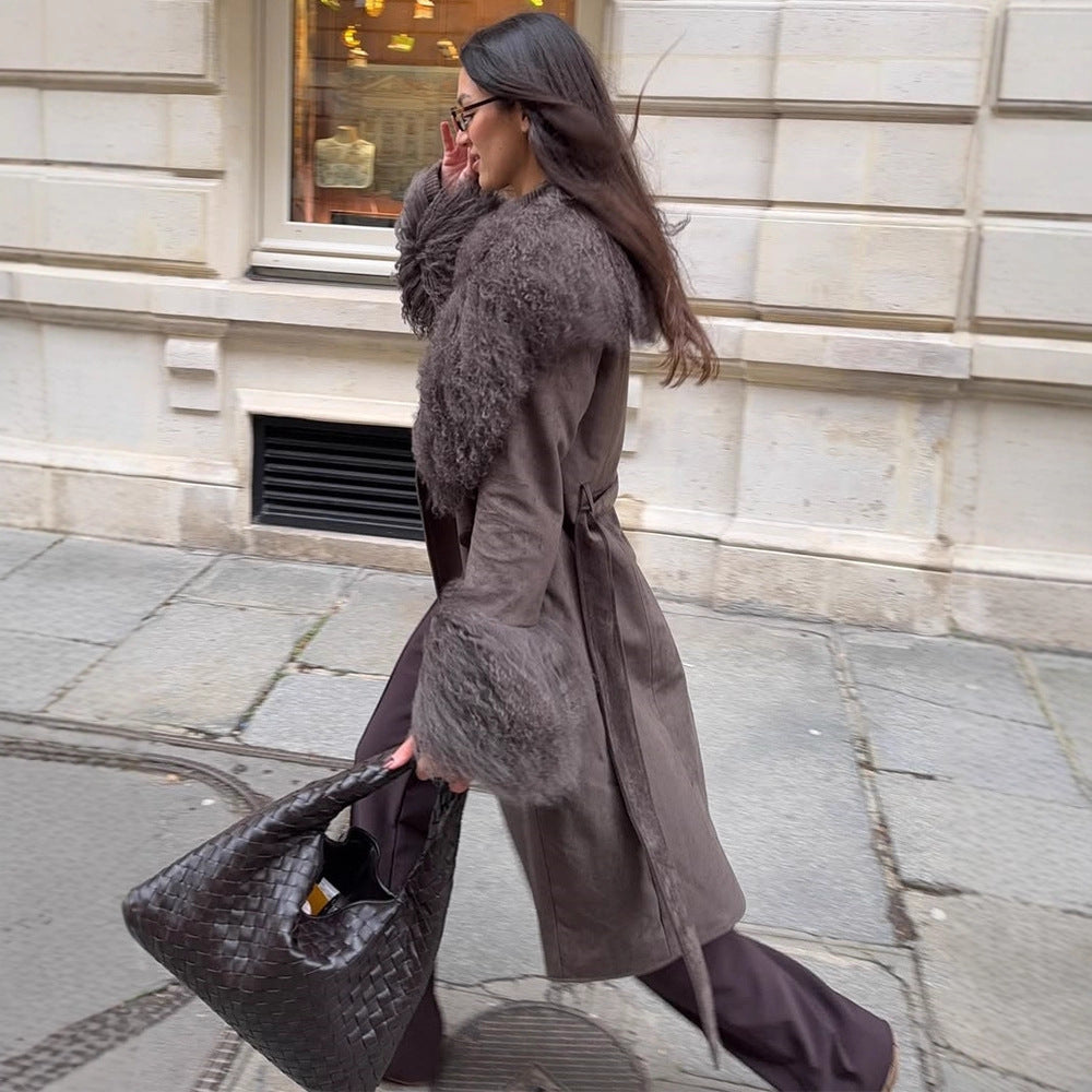 Damen Mantel aus Veloursleder‑Optik mit voluminösem Faux‑Fur‑Schalkragen, Fellmanschetten & Taillengürtel Nord Taschen