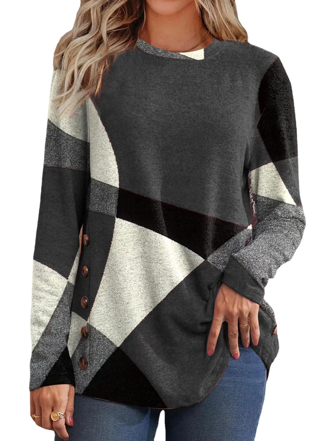 Damen Feinstrickpullover mit geometrischem Colorblock und Zierknöpfen Nord Taschen