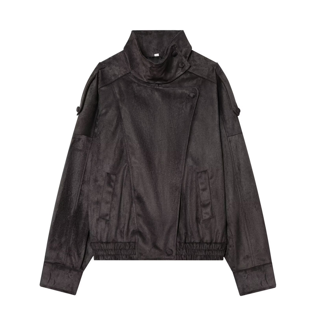 Damen Kurze Velours‑Optik Bomberjacke mit hohem Stehkragen und asymmetrischer Knopfleiste Nord Taschen