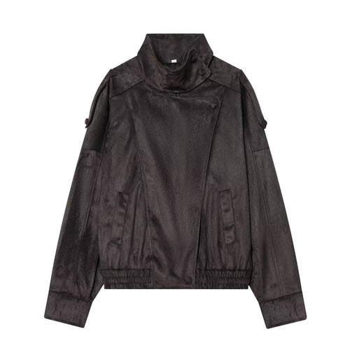 Damen Kurze Velours‑Optik Bomberjacke mit hohem Stehkragen und asymmetrischer Knopfleiste Nord Taschen