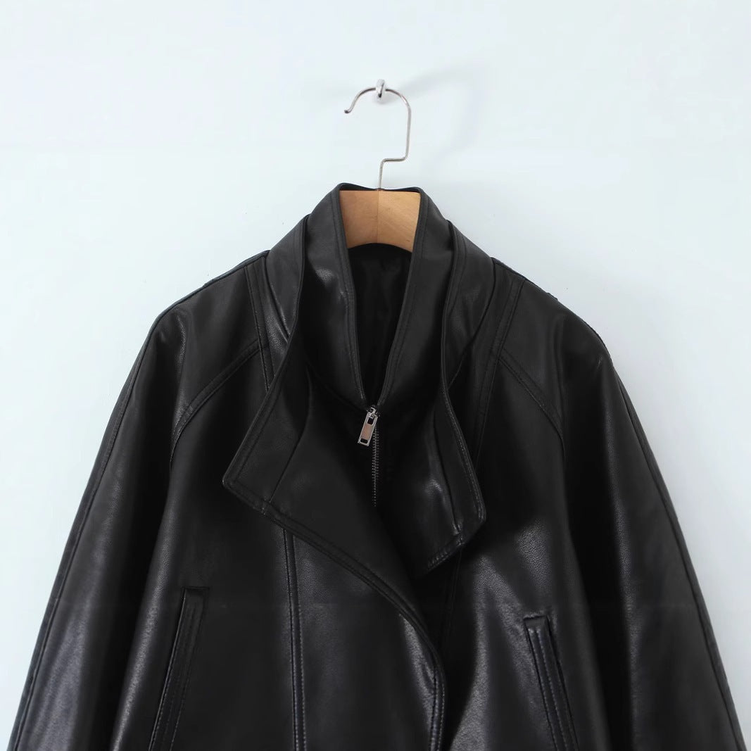 Damen Oversized Kunstlederjacke mit hohem Stehkragen und doppelreihiger Knopfleiste Nord Taschen