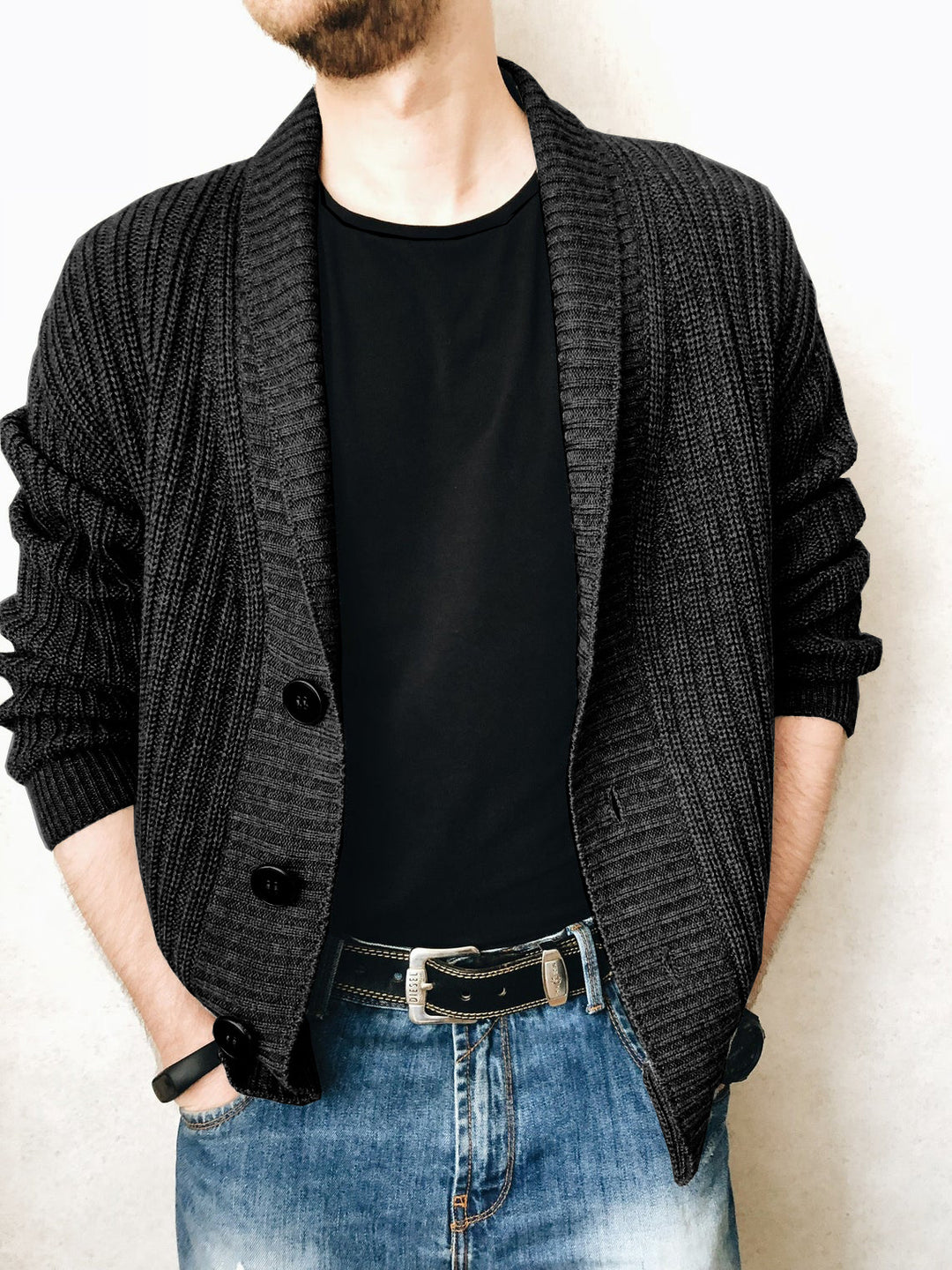 Herren Strickcardigan mit Schalkragen und Knopfleiste Nord Taschen