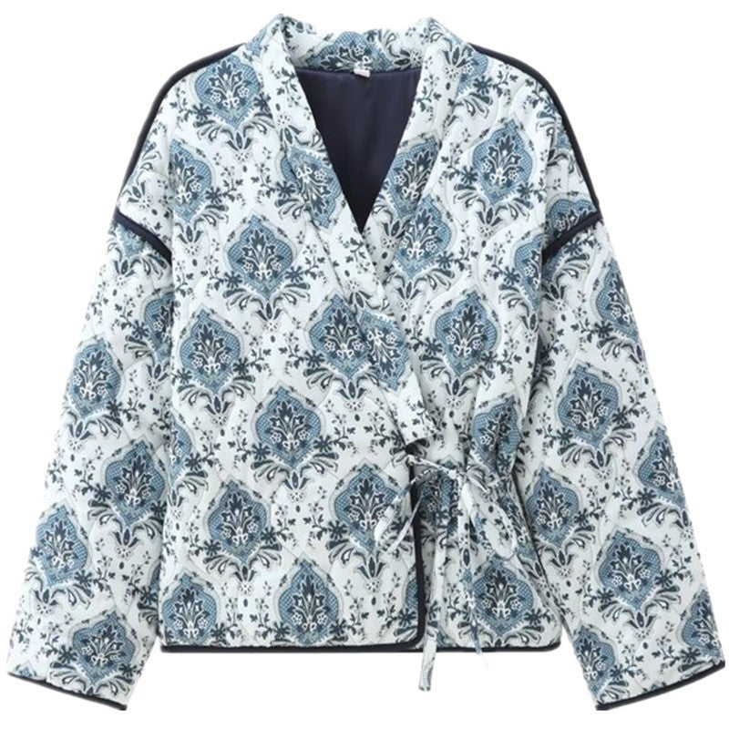 Damen gewattete Kimono-Jacke mit Taillengürtel und ornamentalem Print Nord Taschen