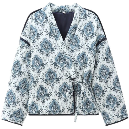 Damen gewattete Kimono-Jacke mit Taillengürtel und ornamentalem Print Nord Taschen