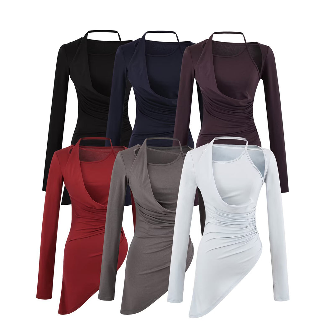 Damen Figurbetontes Langarm-Midikleid mit asymmetrischem Saum, Raffung und Neckholder Nord Taschen