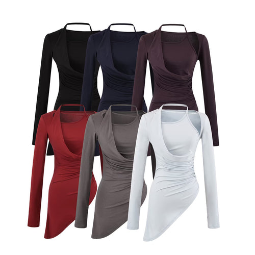 Damen Figurbetontes Langarm-Midikleid mit asymmetrischem Saum, Raffung und Neckholder Nord Taschen