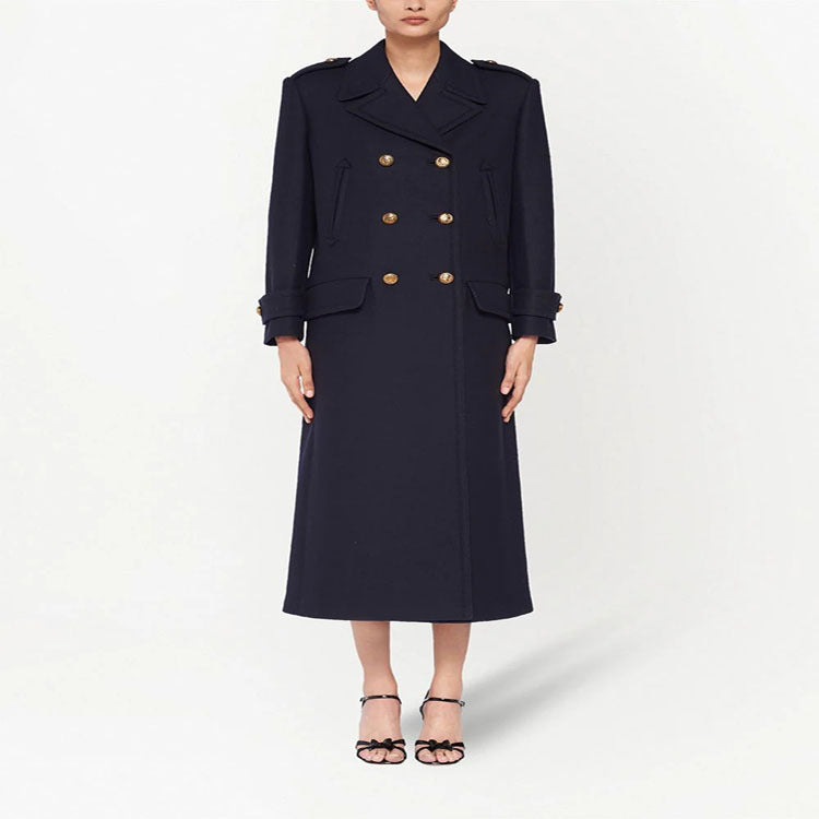 Damen Doppelreihiger militärinspirierter Maxi‑Wollmantel mit Epauletten und Zierriegeln Nord Taschen