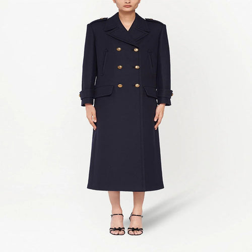 Damen Doppelreihiger militärinspirierter Maxi‑Wollmantel mit Epauletten und Zierriegeln Nord Taschen